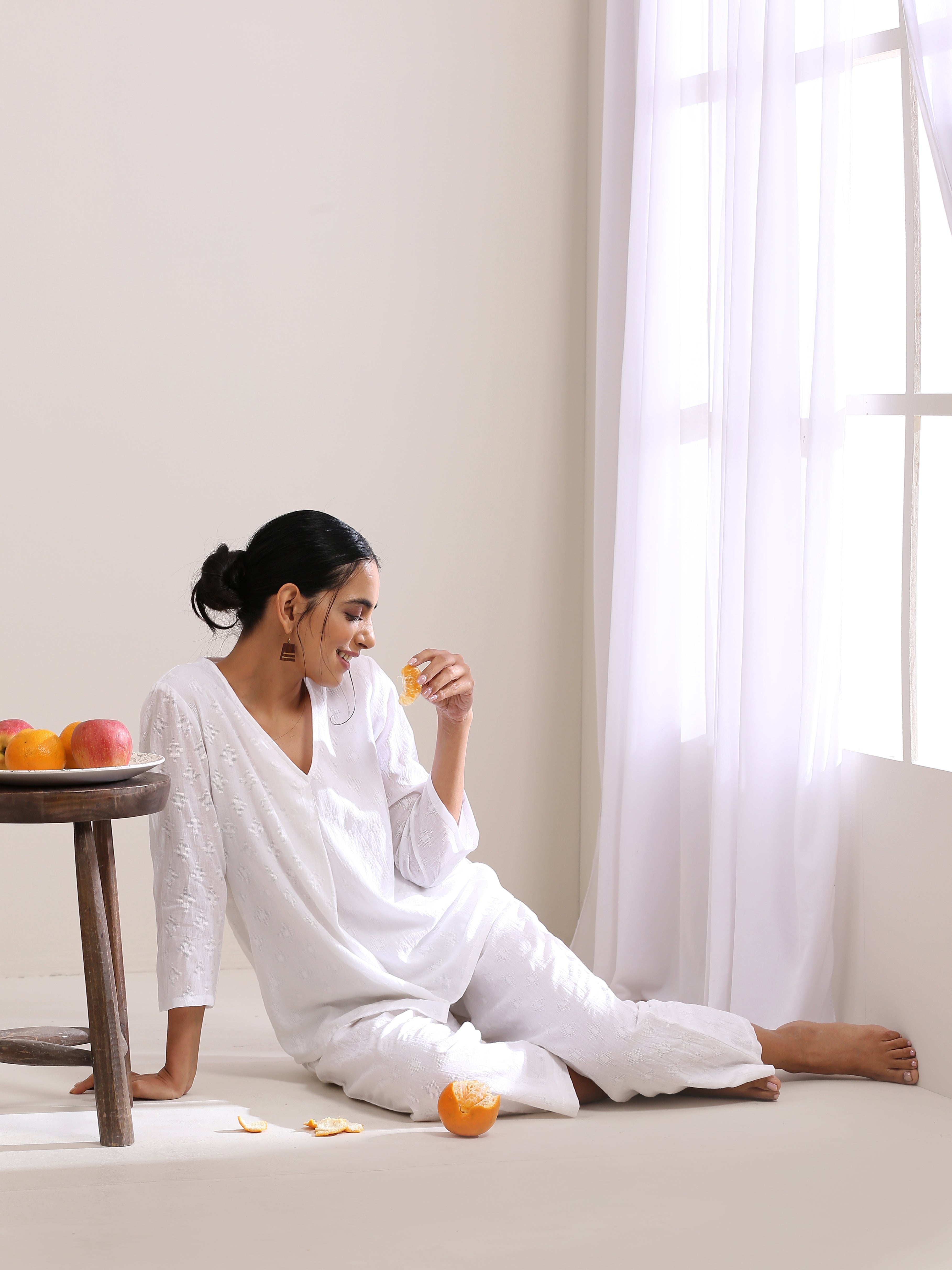 trueBrowns White Dobby Short Asymmetric Co-Ord Set - Distacart