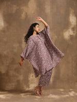 Thumbnail for trueBrowns Dark Mauve Zig Zag Printed Silk Kaftan Co-Ord Set - Distacart