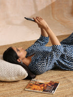 Thumbnail for trueBrowns Indigo Dabu Zig-Zag Lines Print Cotton Flared Kurta Pant Set - Distacart