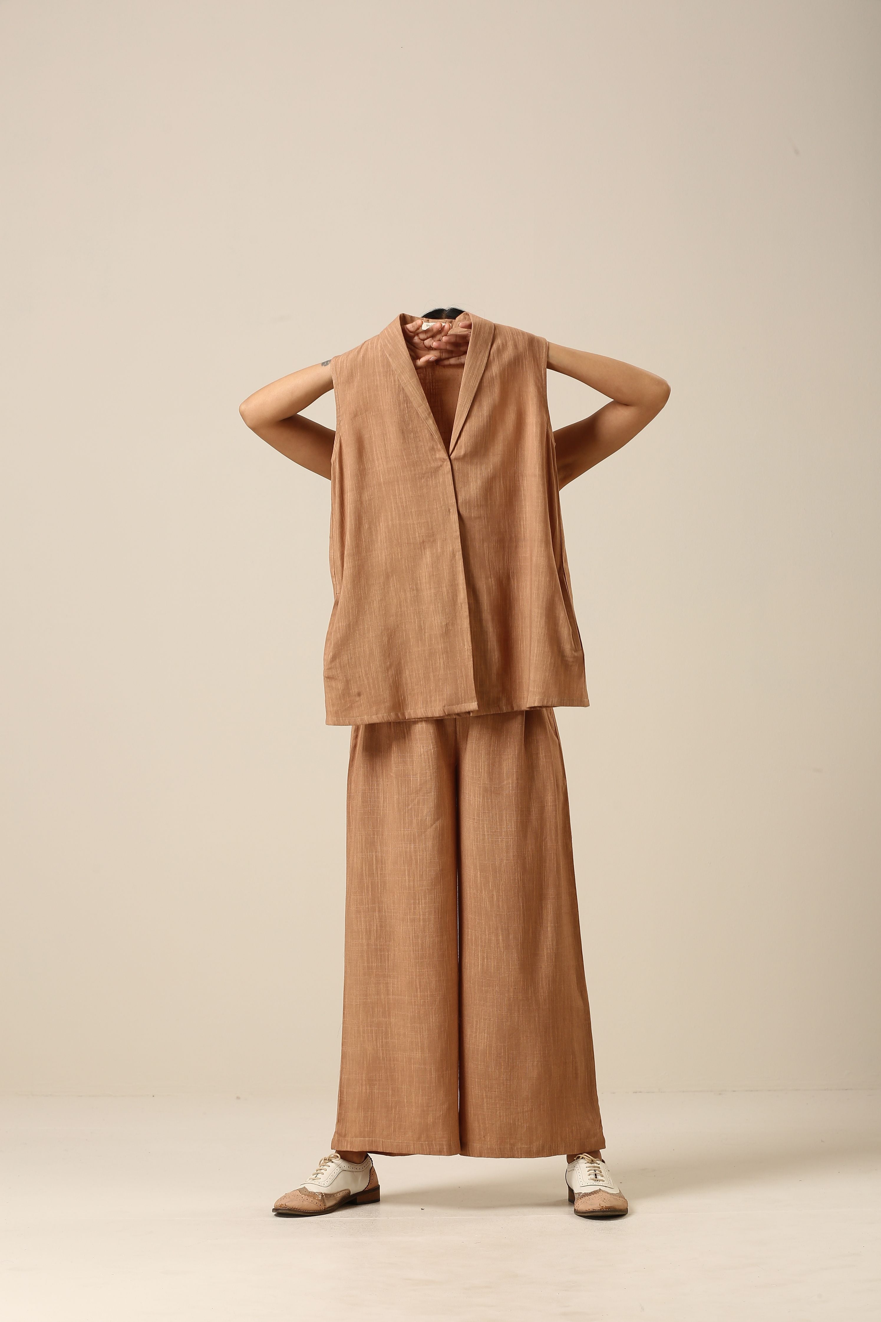 trueBrowns Beige Slub Texture Sleevesless Jacket Pant Set - Distacart