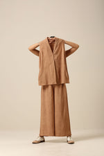 Thumbnail for trueBrowns Beige Slub Texture Sleevesless Jacket Pant Set - Distacart