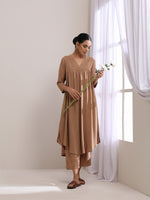 Thumbnail for trueBrowns Beige Dobby Gathered Kurta Pant Set - Distacart