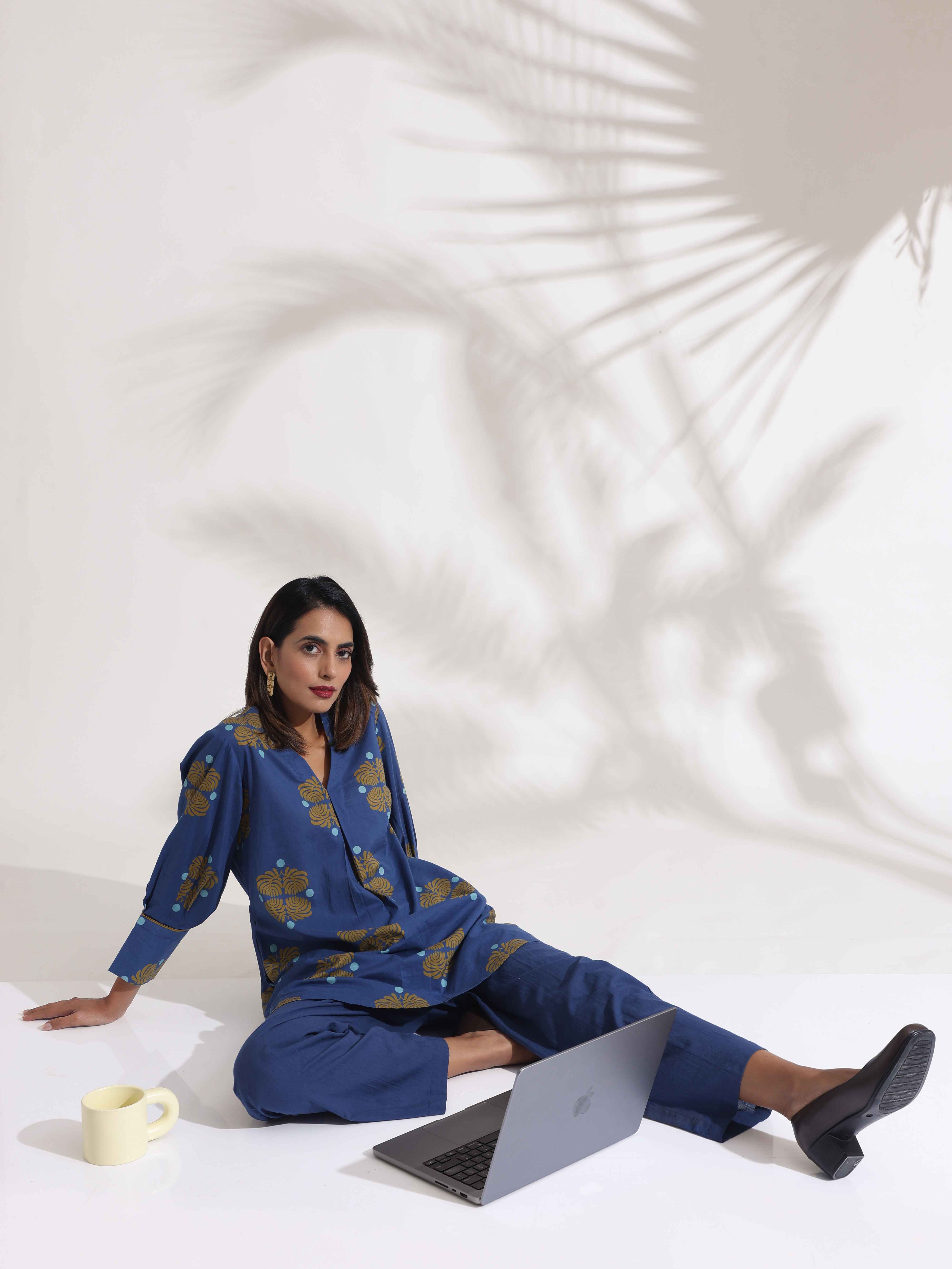 trueBrowns Blue Cotton Print Top & Pants Co-ord Set - Distacart