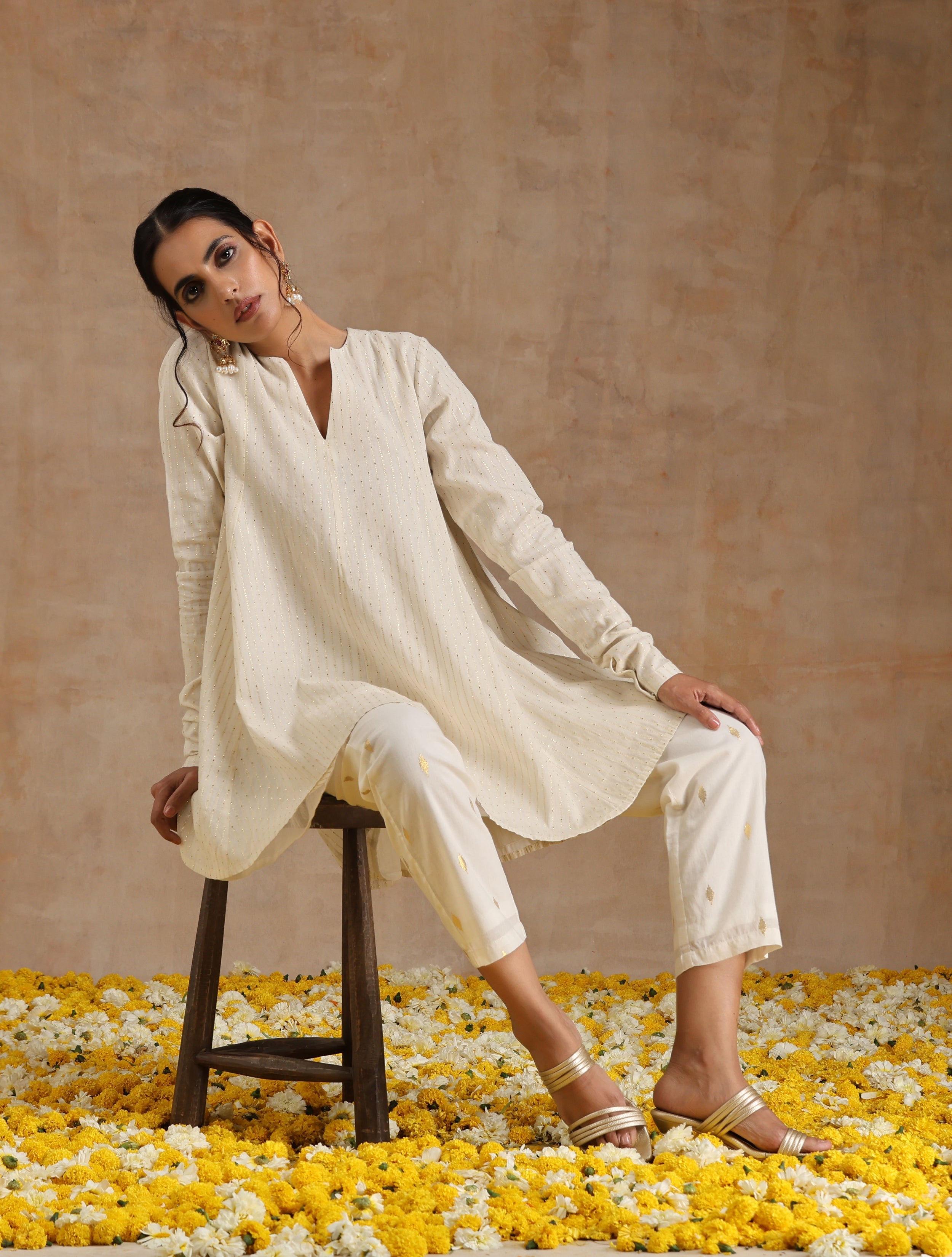 trueBrowns Ivory Gold Cotton Flared Co-Ord Set - Distacart