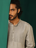 Thumbnail for trueBrowns Men's Grey Silk Co-ord Set Yoke Detail - Distacart