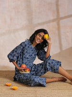Thumbnail for trueBrowns Indigo Dabu Overall Print Cotton Baggy Sleeve Co-Ord Set - Distacart