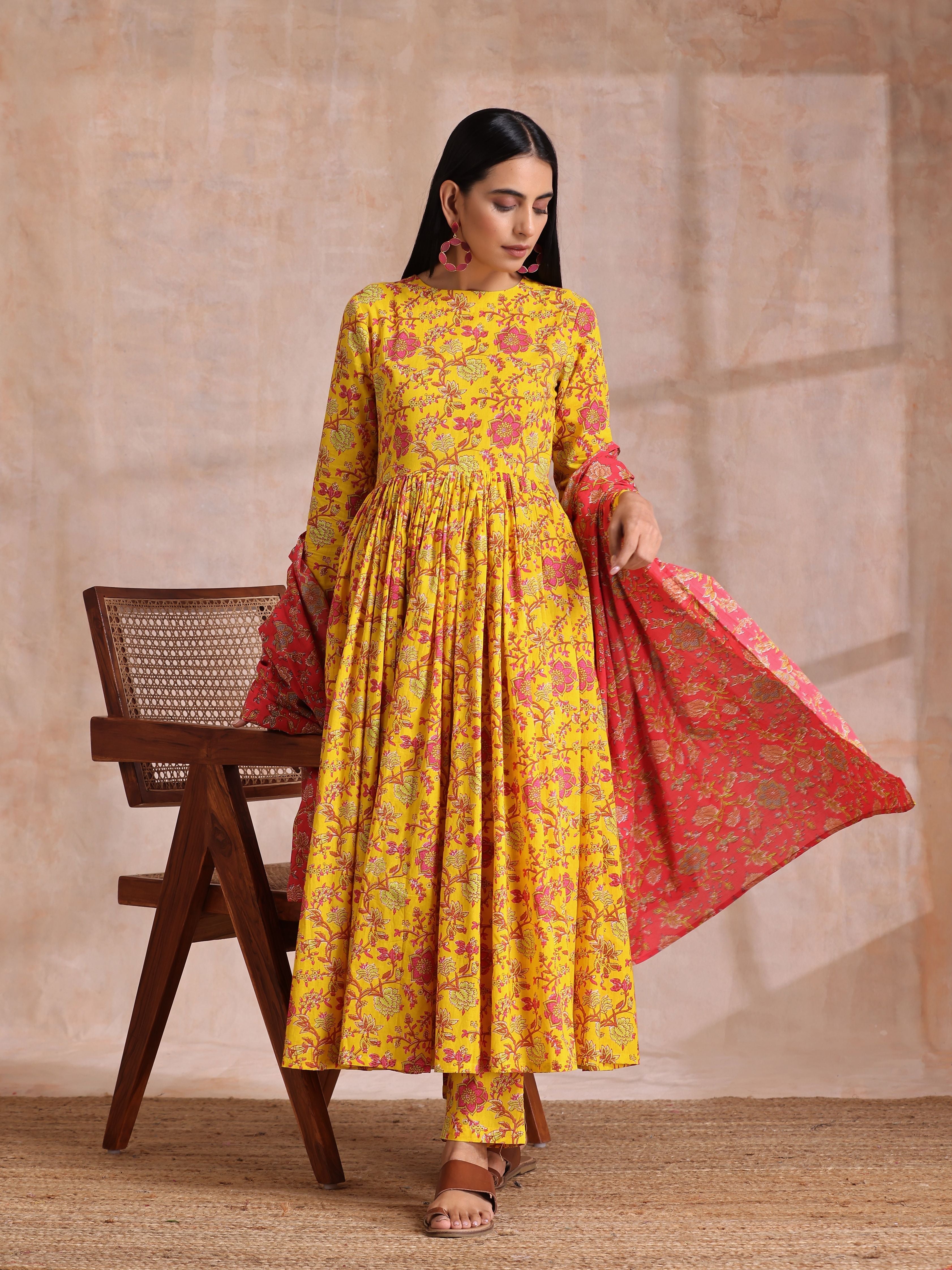 trueBrowns Sunshine Yellow Overall Floral Block Print Cotton Kurta Pant Dupatta Set - Distacart