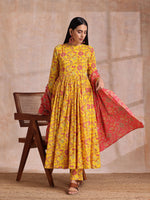 Thumbnail for trueBrowns Sunshine Yellow Overall Floral Block Print Cotton Kurta Pant Dupatta Set - Distacart