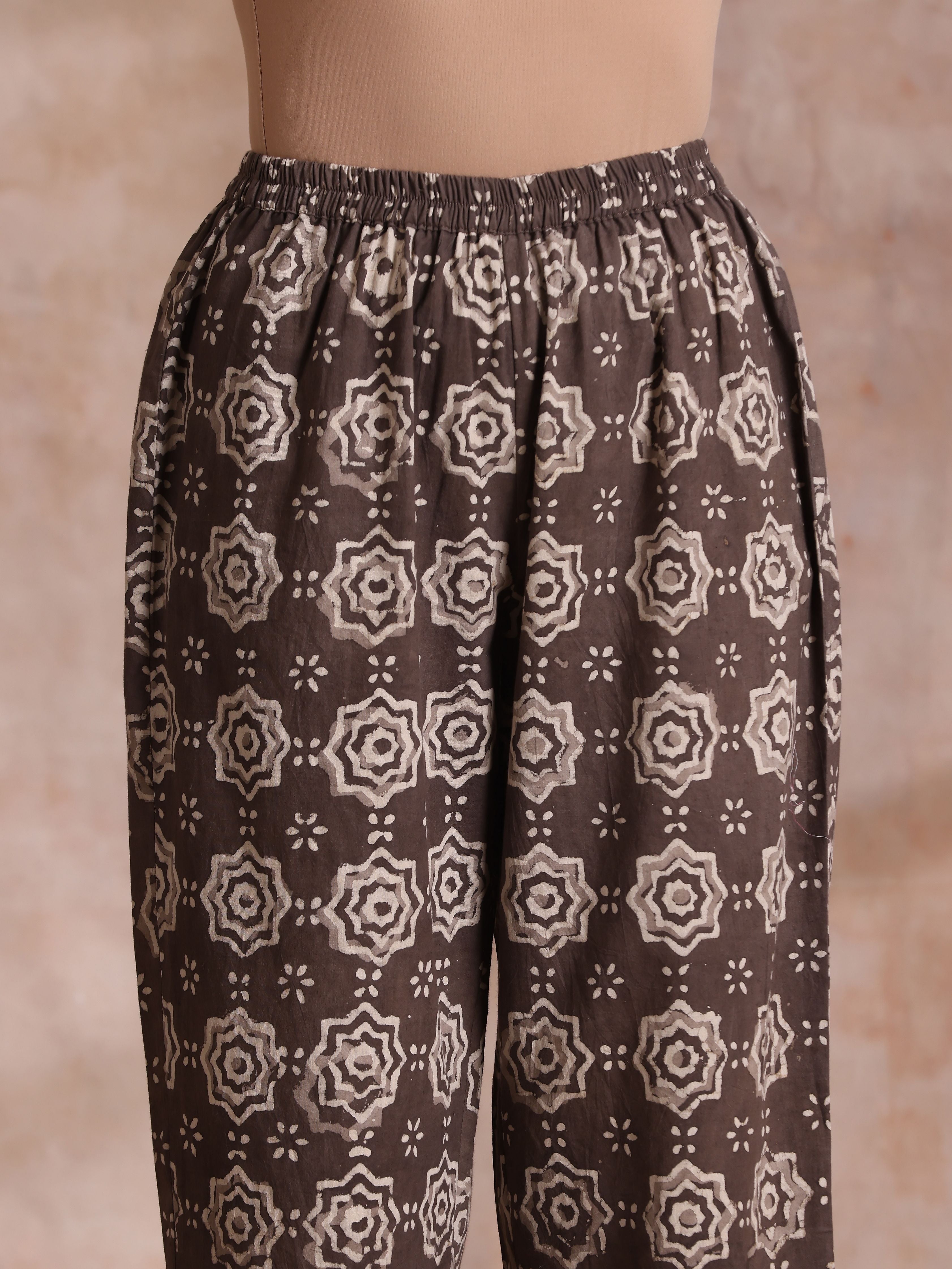 trueBrowns Clay Dabu Buta Print Cotton Sleeveless Flared Kurta Pant Set - Distacart