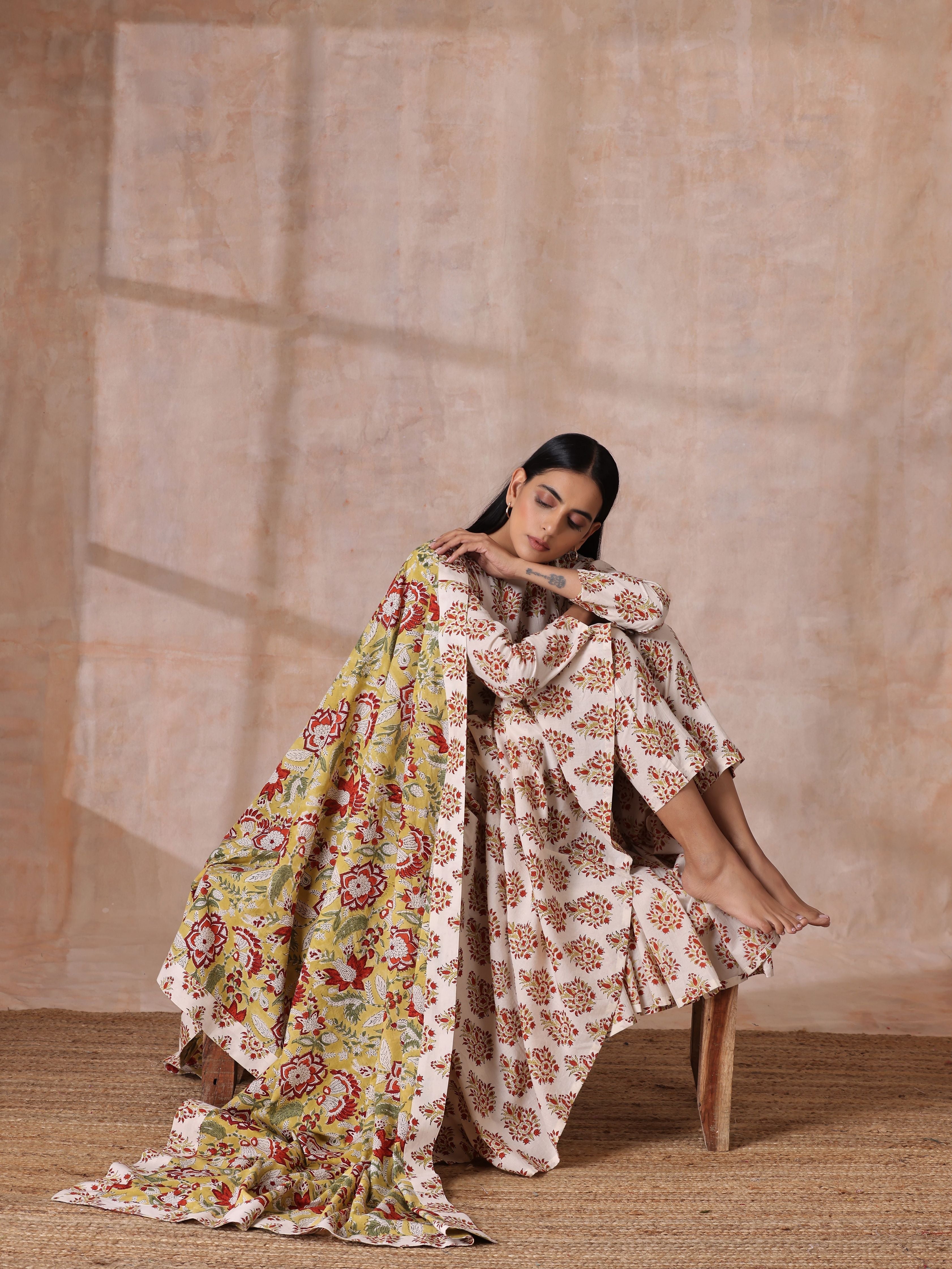 trueBrowns White With Red Yellow Buta Block Print Cotton Kurta Pant Dupatta Set - Distacart