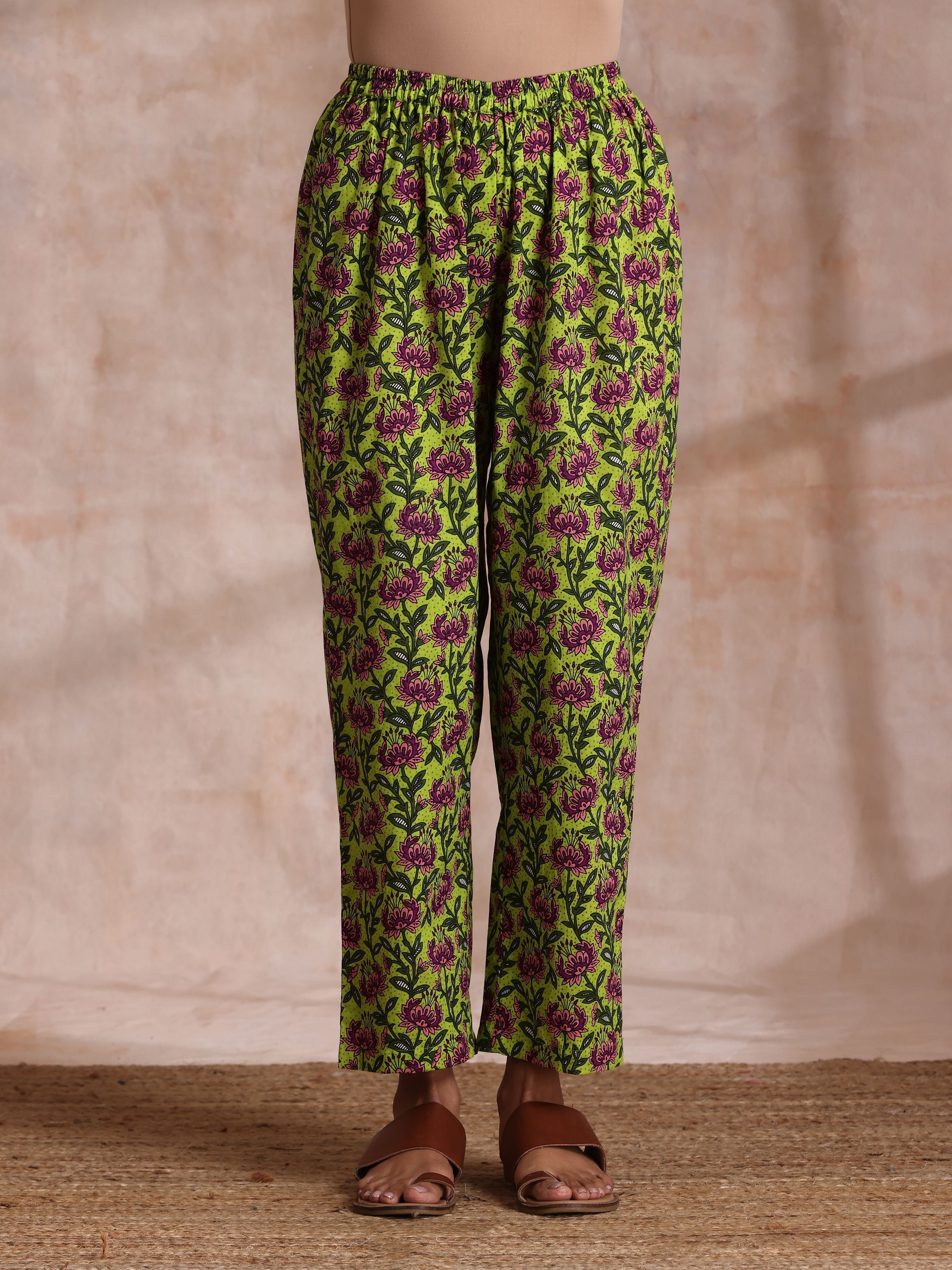 trueBrowns Lime Green Overall Pink Floral Block Print Cotton Flared Kurta Pant Set - Distacart