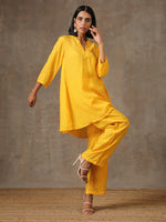Thumbnail for trueBrowns Yellow Bandhani Flare Printed Silk Co-Ord Set - Distacart