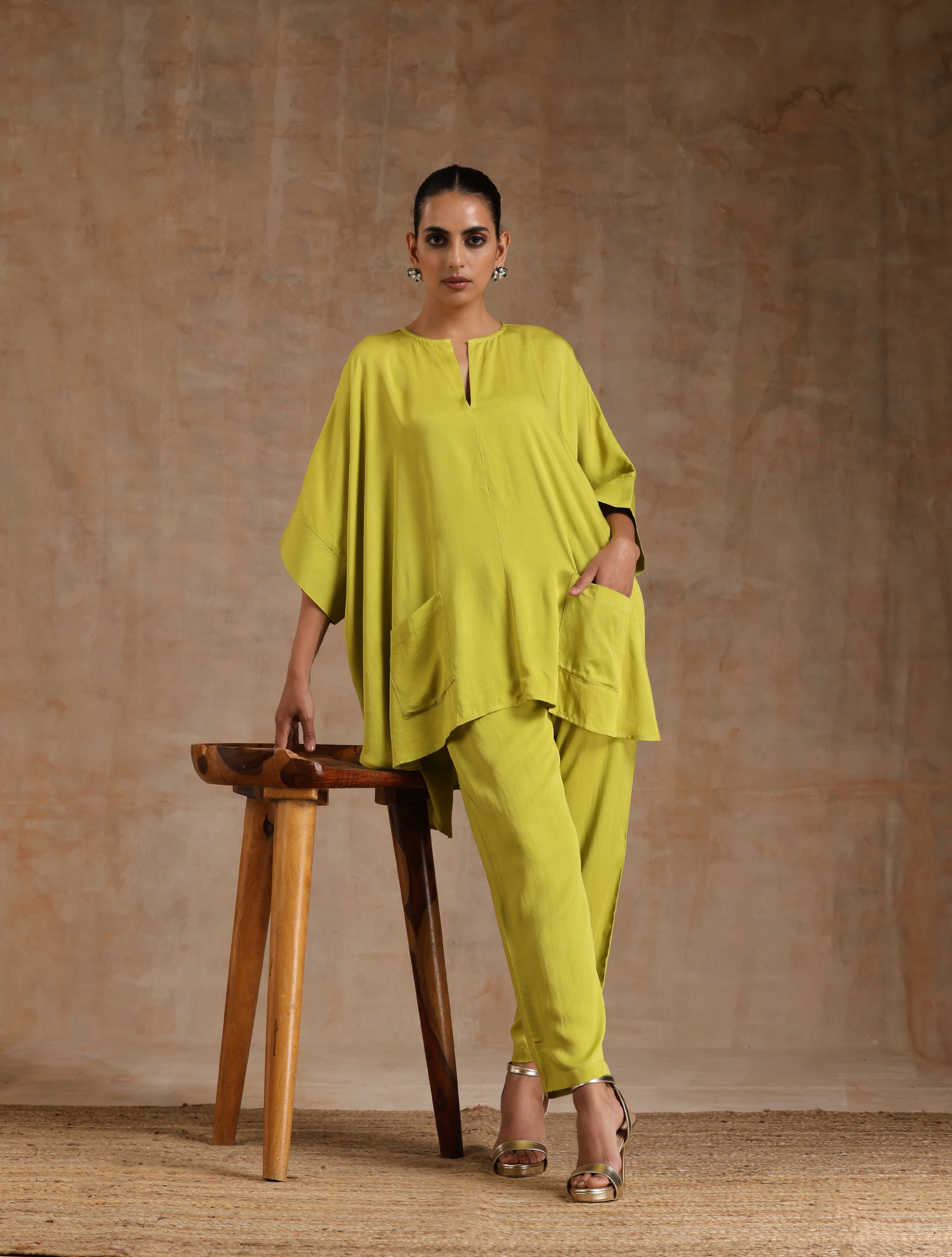 trueBrowns Lime Modal Satin Boxy Fit High-Low Co-Ord Set - Distacart