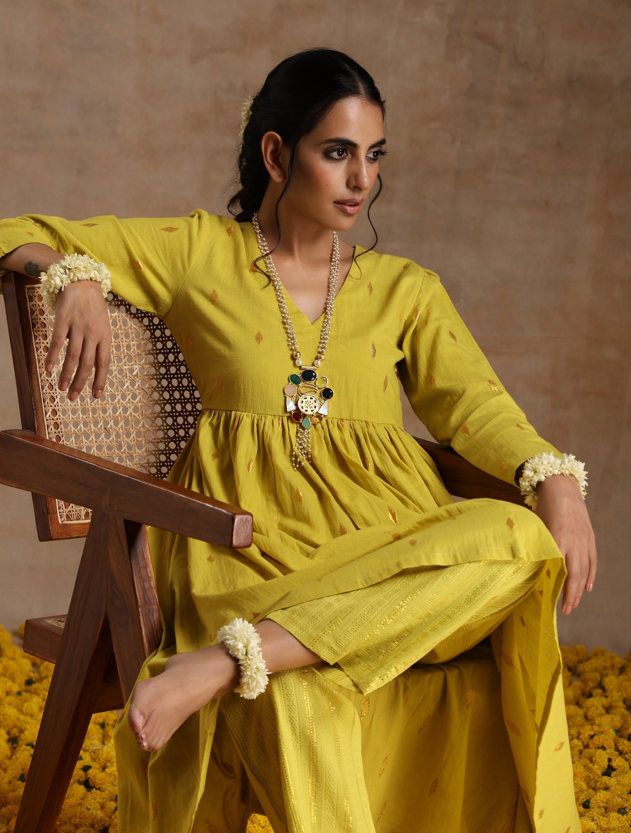 trueBrowns Lime Gold Cotton Kalidar Kurta Set - Distacart