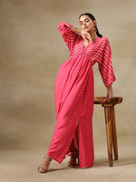 Thumbnail for trueBrowns Pink Bandhani Printed Silk Drop Shoulder Dress - Distacart
