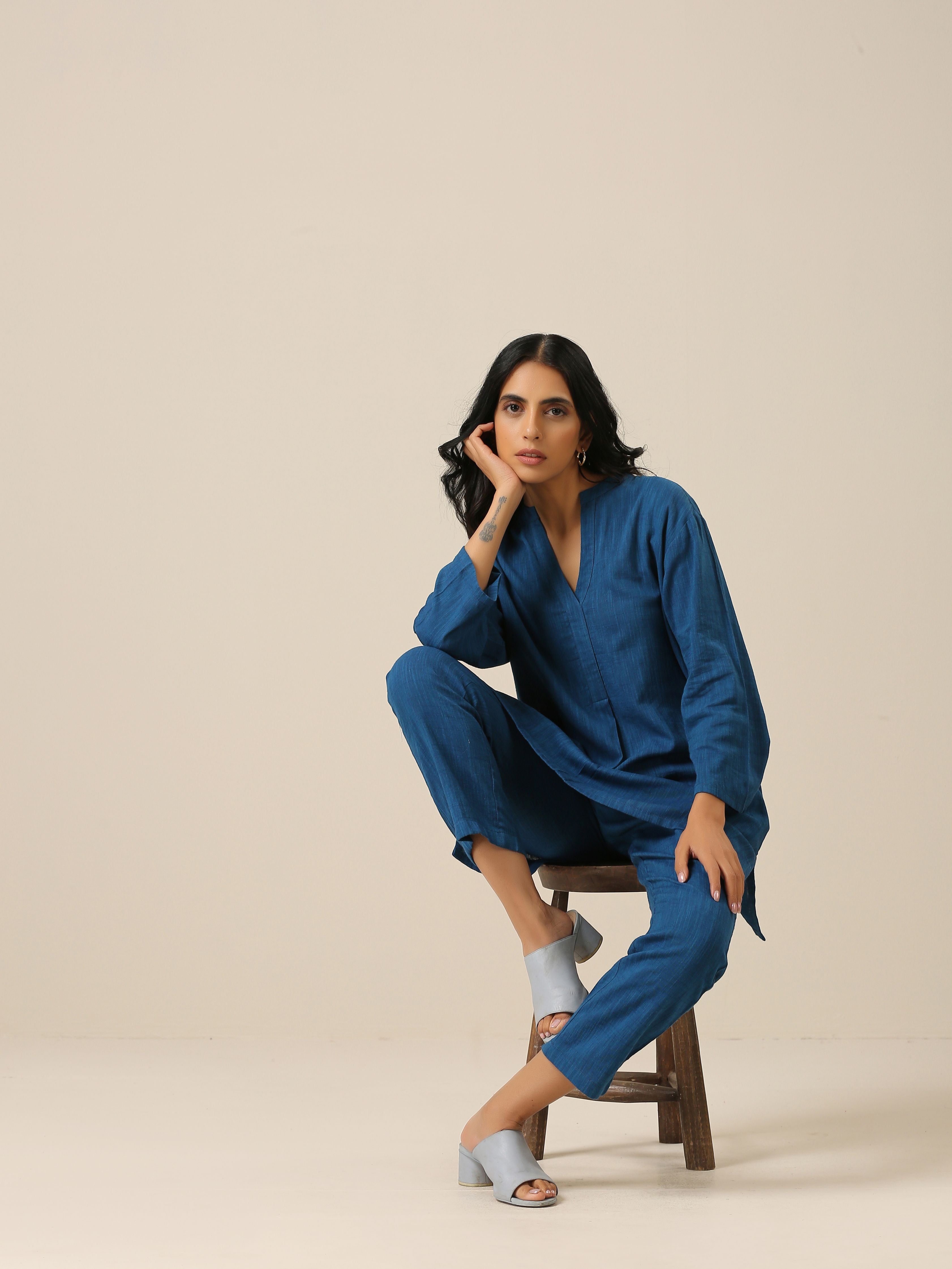 trueBrowns Classic Blue Slub Texture Relax Fit Co-Ord Set - Distacart