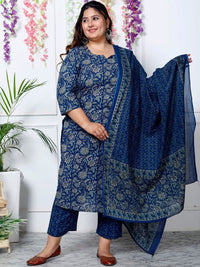 Thumbnail for Swasti Plus Size Floral Printed Sequinned Pure Cotton Kurta With Trouser & Dupatta