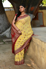 Thumbnail for Joban Fashion Pale Yellow Crepe Chiffon Pure Handloom Banarasi Silk Saree