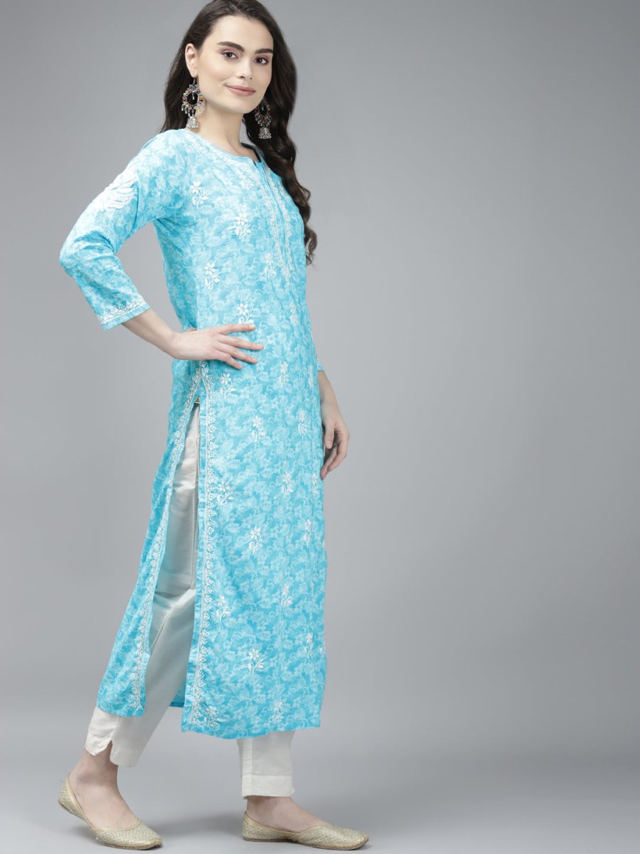 ADA Women Blue & White Floral Chikankari Cotton Handloom Kurta - Distacart