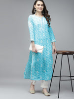 Thumbnail for ADA Women Blue & White Floral Chikankari Cotton Handloom Kurta - Distacart