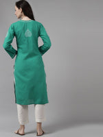 Thumbnail for ADA Women Green & White Ethnic Motifs Hand Embroidered Chikankari Handloom Kurta - Distacart