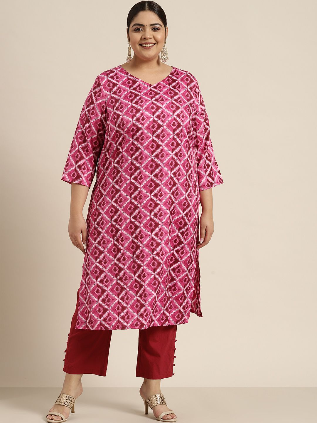 Sztori Women Plus Size Pink & Off White Printed Kurta - Distacart