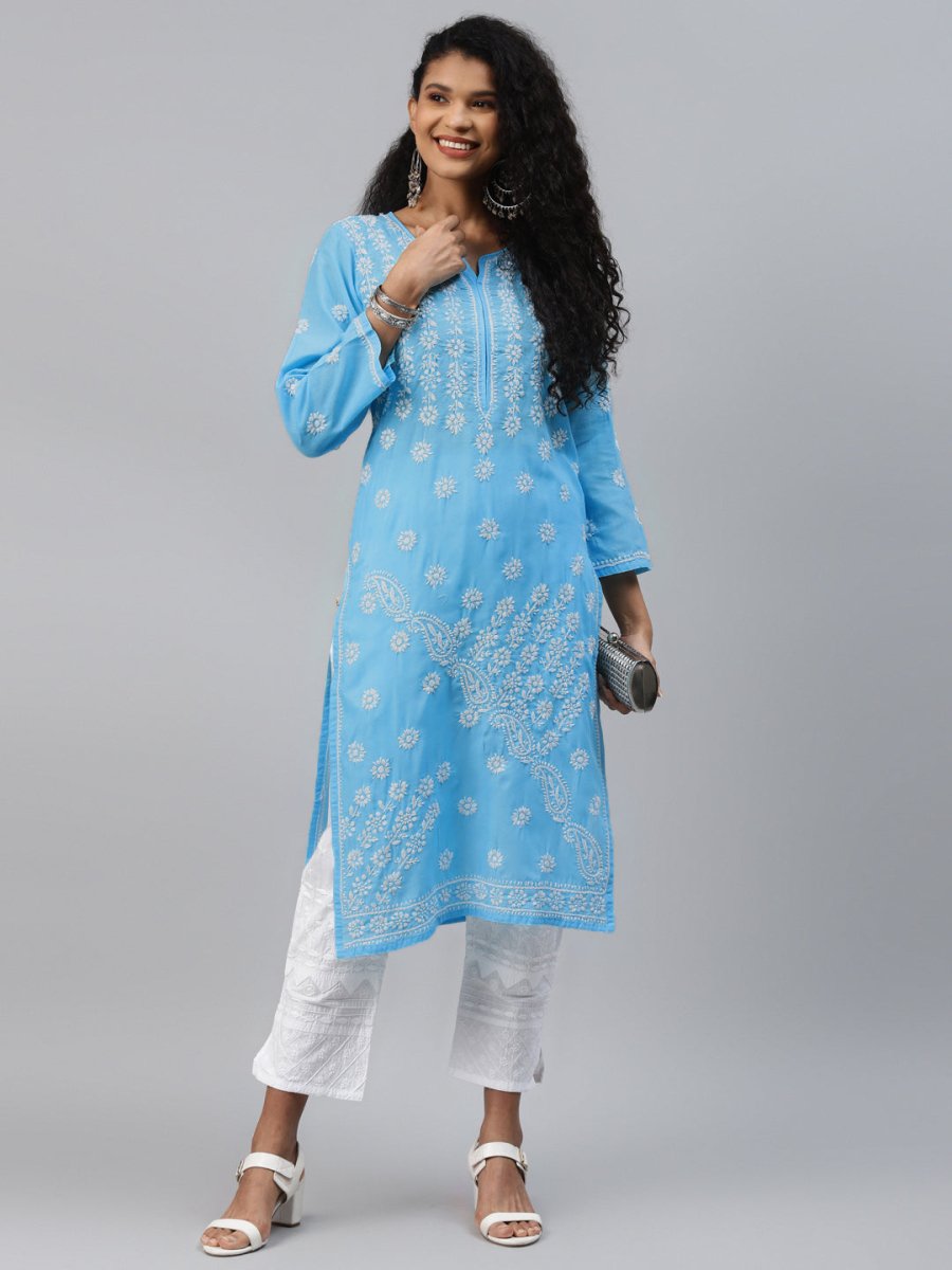 ADA Women Blue & White Ethnic Motifs Hand Embroidered Chikankari Handloom Kurta - Distacart