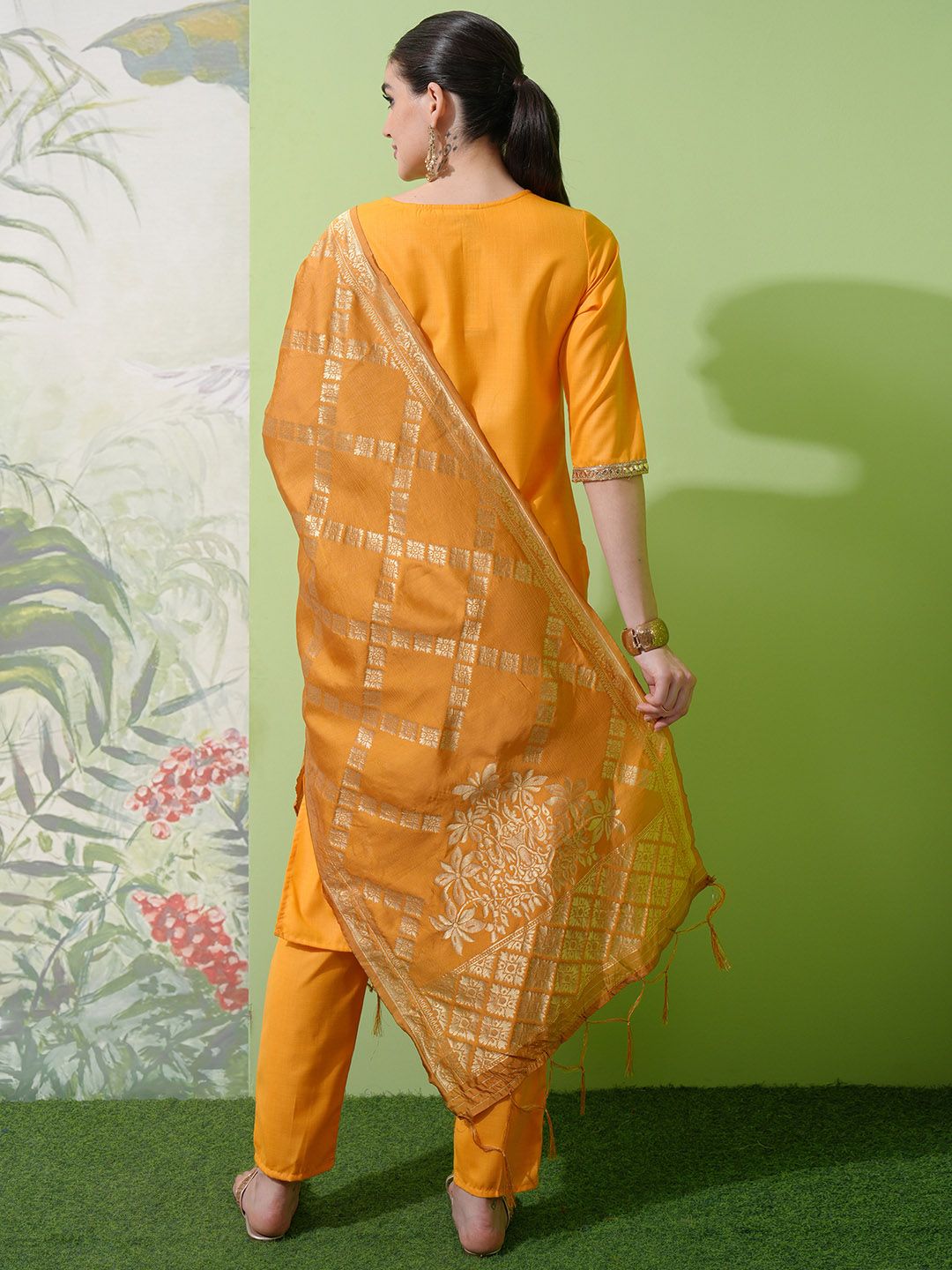 Vishudh Yellow Round Neck Embellished Straight Kurta & Palazzos With Dupatta - Distacart
