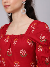 Thumbnail for Aks Ethnic Motifs Printed Square Neck Puff Sleeves Cotton Kurta - Distacart