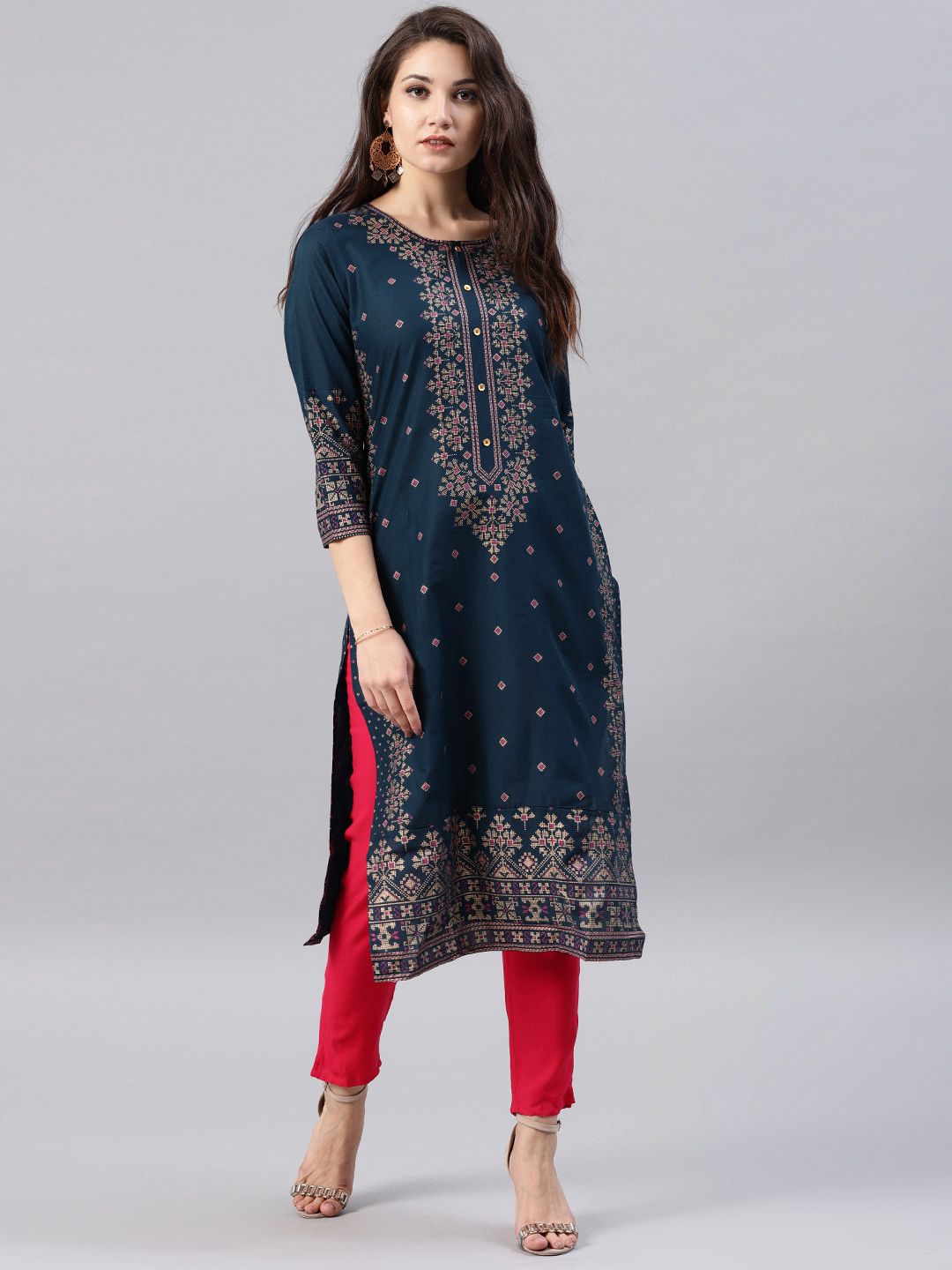 Vishudh Women Navy Blue Printed A-Line Kurta - Distacart