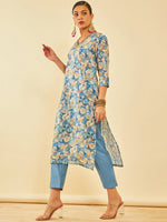 Thumbnail for Soch Floral Printed V-Neck Three-Quarter Sleeves Beads and Stones Kurta with Trousers - Distacart