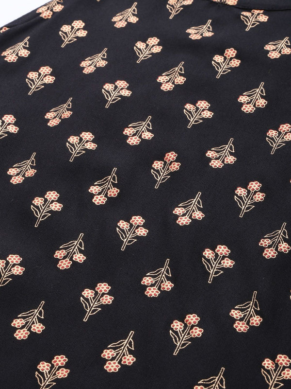 Ode by House of Pataudi Women Black Floral Printed Halter Neck Pure Cotton Rozana Kurta - Distacart