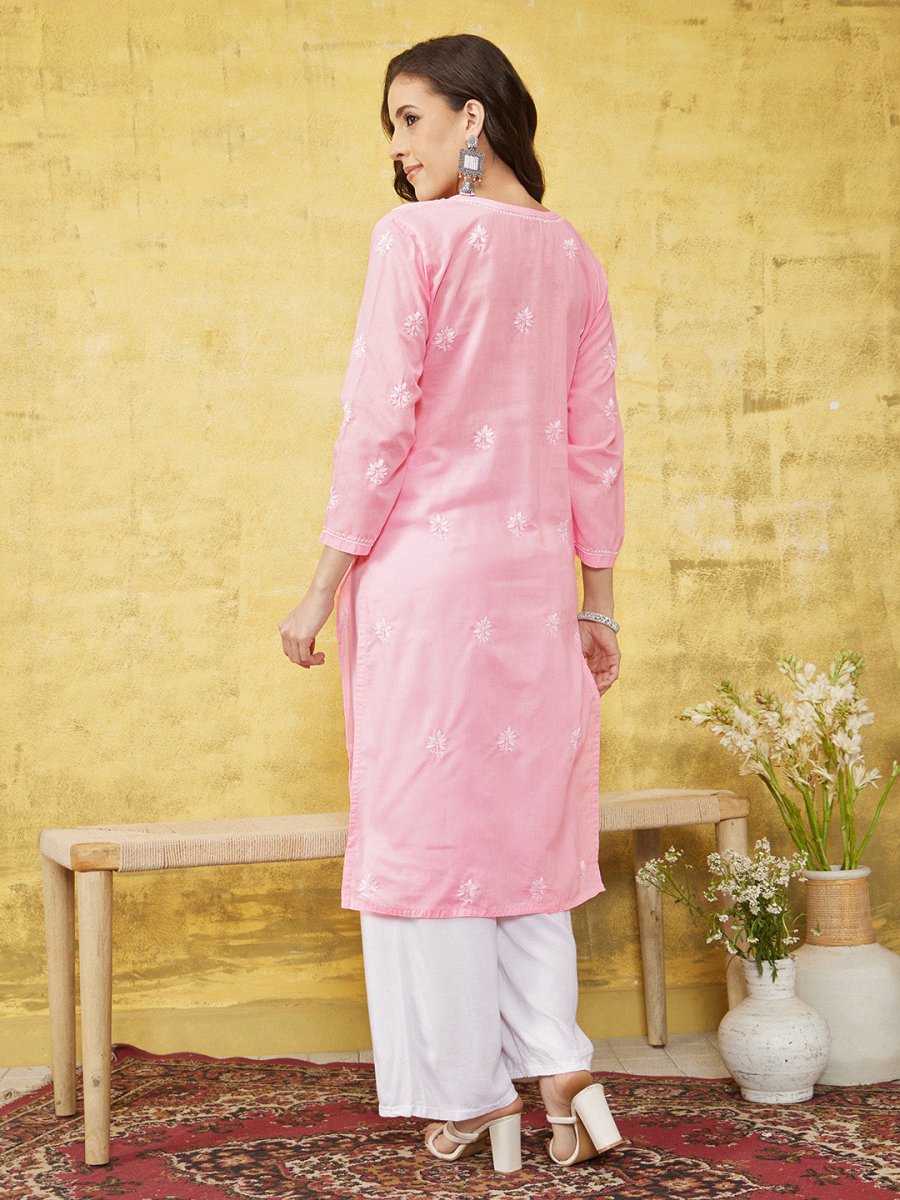 ADA Women Pink & White Chikankari Embroidered Straight Sustainable Handloom Kurta - Distacart