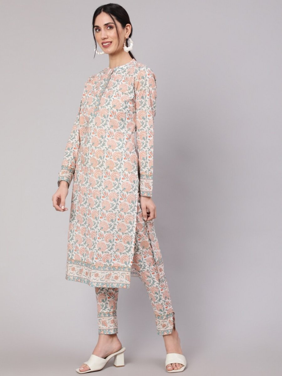Aks Floral Printed Pure Cotton Kurta With Trousers - Distacart
