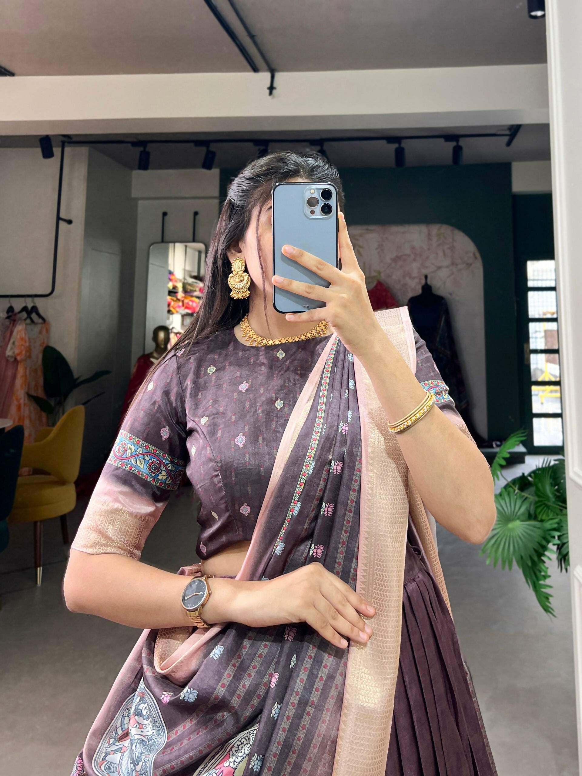 Vastranavya Kalamkari Print With Weaving Border Lehenga with Unstitched Blouse - Burgundy - Distacart