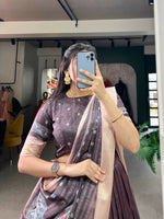 Thumbnail for Vastranavya Kalamkari Print With Weaving Border Lehenga with Unstitched Blouse - Burgundy - Distacart