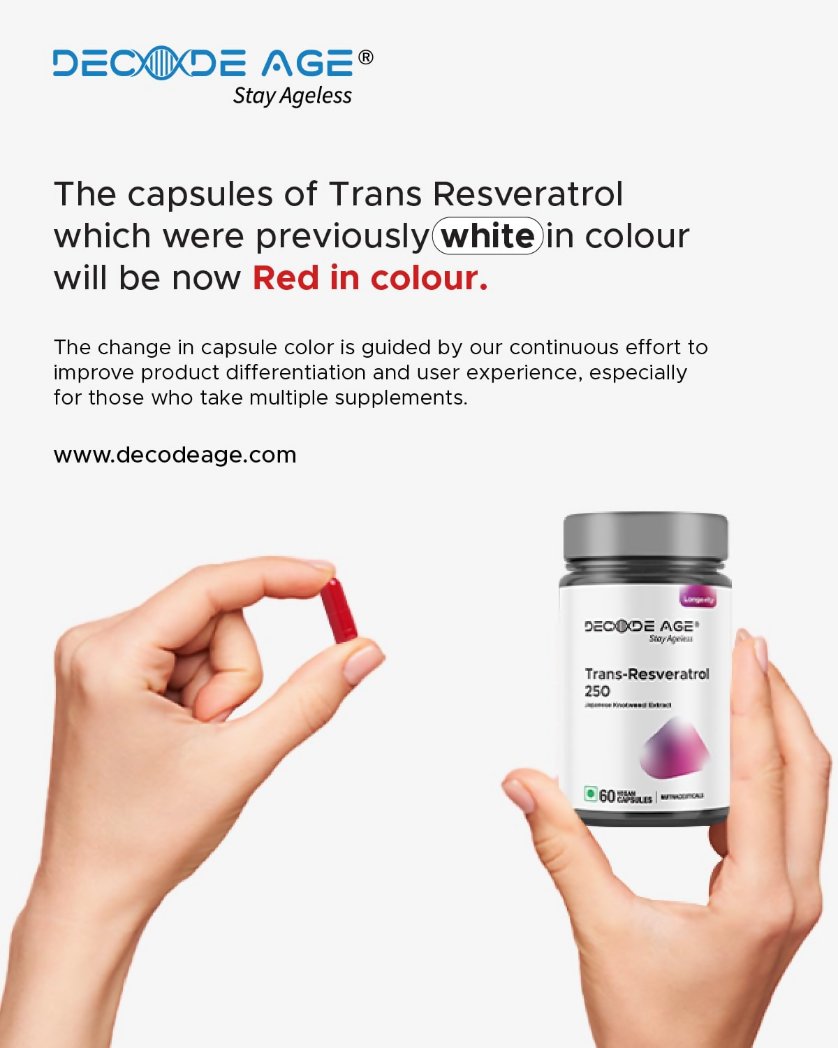 Decode Age 99.5% Pure Trans Resveratrol 250mg Supplement Capsules