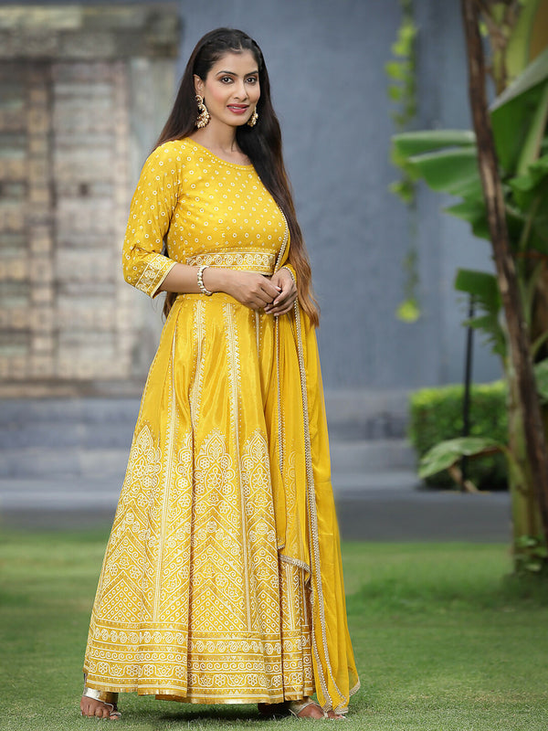 Juniper Mustard Bandhani Printed Shantoon Slub Lehenga Choli & Net Dupatta Set. - Distacart