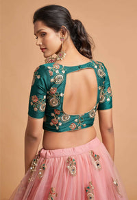 Thumbnail for Aastha Fashion Women's Amazing Peach Thread Embroidered Net Wedding Lehenga Choli - Distacart
