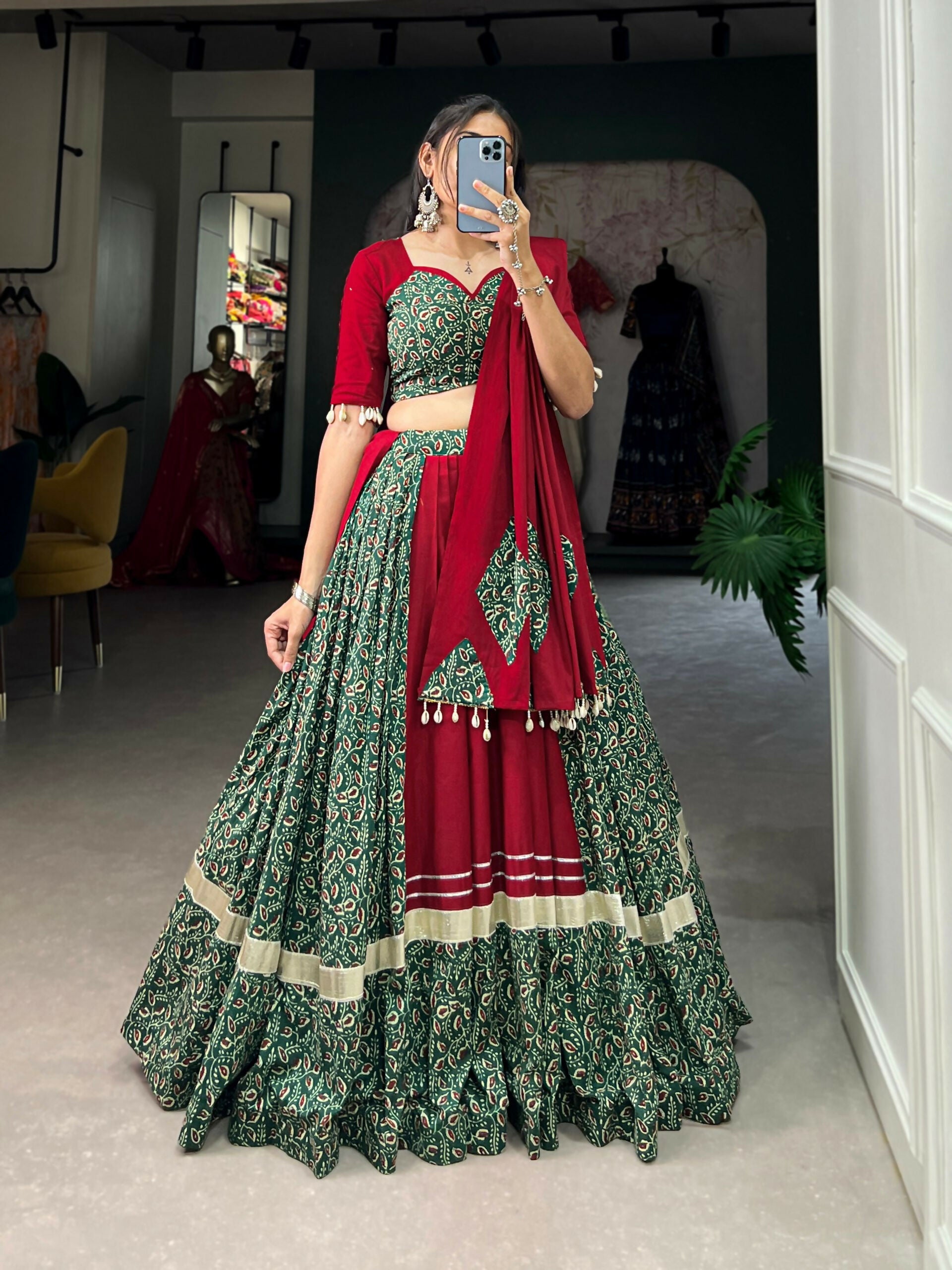 Vastranavya Navaratri Special Pure Cotton Printed With Gota Patti And Lace Touch Up Lehenga with Stitched Choli - Green - Distacart