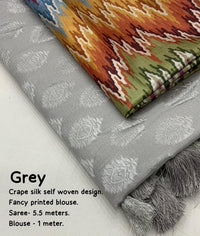 Thumbnail for Grey Poly Crepe Ethnic Motifs Saree with Unstitched Blouse - A2M