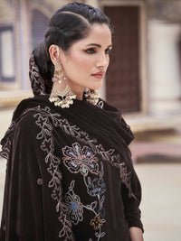 Thumbnail for Aastha Fashion Women's Brown Velvet Resham Thread with Jari & Sequin Kurta with Trouser & Dupatta - Distacart