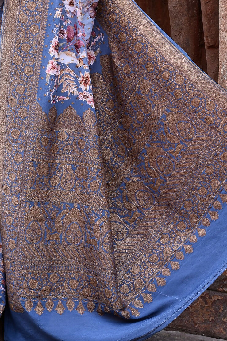 Joban Fashion Dusty Blue Crepe Chiffon Pure Handloom Banarasi Silk Saree