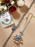 Thumbnail for NVR Women & Men Set of 2 Blue Lotus Shape Kundan-Studded & Beaded Wraparound Rakhi Set With Roli Chawal & Chocolate - Distacart