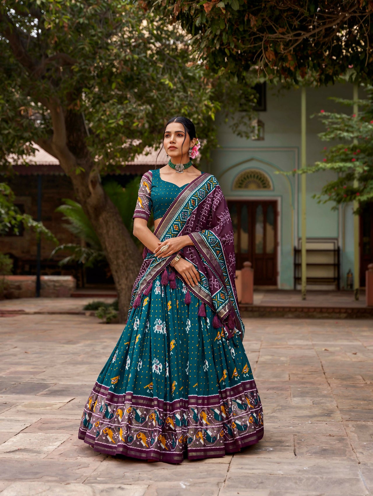 Vastranavya Patola Printed and Foil Work Tussar Silk Lehenga with Unstitched Blouse - Teal