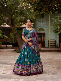 Thumbnail for Vastranavya Patola Printed and Foil Work Tussar Silk Lehenga with Unstitched Blouse - Teal