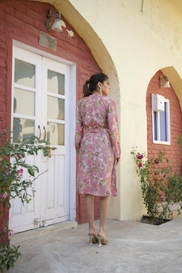 Vaasva Women Pink Muslin Floral Printed Knee Length Dress - Distacart