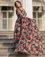 Thumbnail for NOZ2TOZ Women Floral Printed Knee Length Elbow Length Sleeves Round Neck Kurti And Palazzo Set With Net Dupatta - Black - Distacart