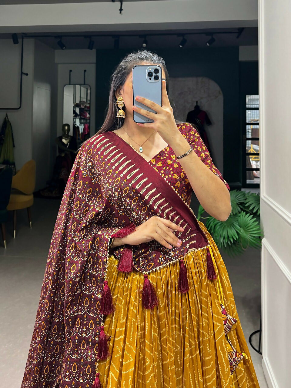 Vastranavya Bandhej And Ajarakh Print Tussar Silk Lehenga Choli - Mustard - Distacart