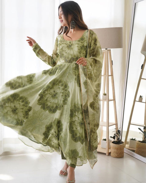 NOZ2TOZ Women Floral Printed Knee Length Elbow Length Sleeves Round Neck Kurti And Palazzo Set With Net Dupatta - Green - Distacart